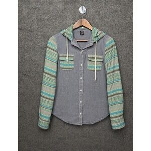 Empyre Blanket Stripes Hooded Flannel/Jersey Knit Button Up Pocketed Shirt Med.